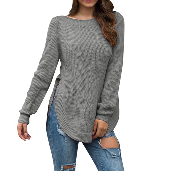 PMVFHDE Women's Fashion Design High Low Hem Round Neck Long Sleeve Knitted Pullover Sweater Tops Dark Gray,L