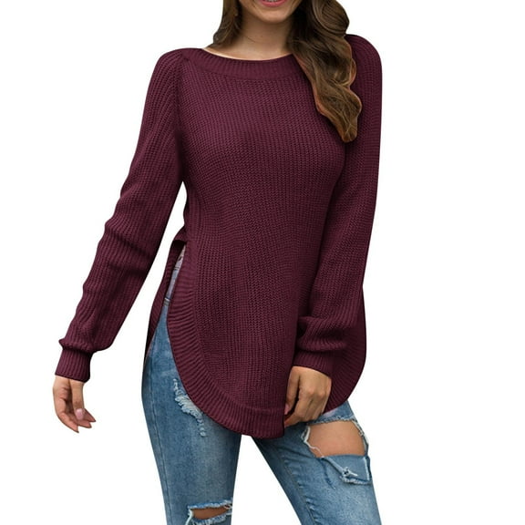 PMVFHDE Women's Fashion Design High Low Hem Round Neck Long Sleeve Knitted Pullover Sweater Tops Watermelon Red,XL
