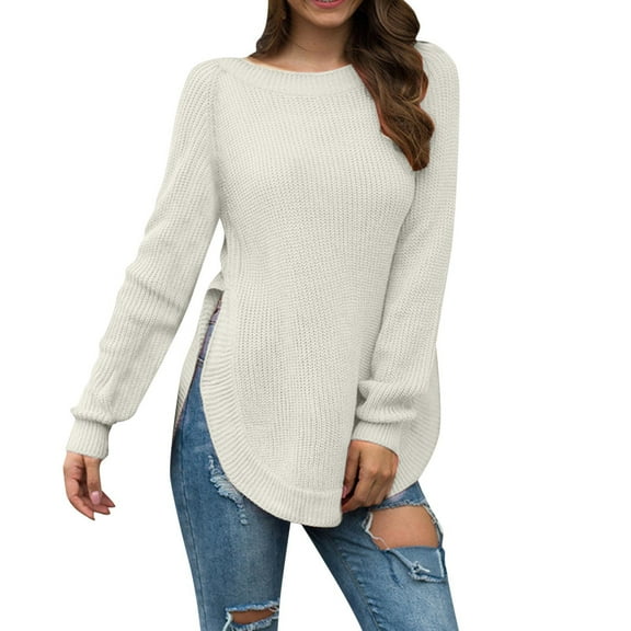 PMVFHDE Women's Fashion Design High Low Hem Round Neck Long Sleeve Knitted Pullover Sweater Tops White,M