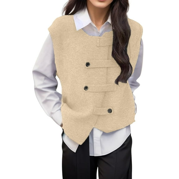 PMVFHDE Women's Fashion Irregular Versatile Loose Sweater Vest Elevated Double with Button Knit Casual Vest Cardigan, Stylish for Layering Beige，One Size