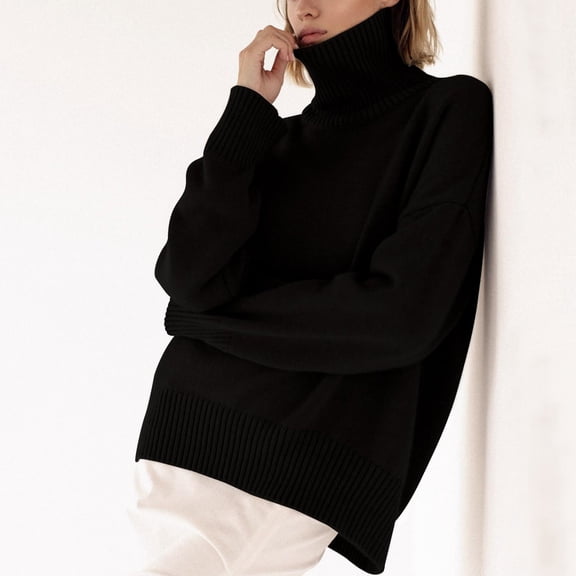 PMVFHDE Women's Fashion Long High Neck Solid Color Versatile Thin Knitted Pullover Sweater Tops Black,XL