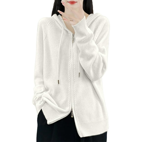 PMVFHDE Women's Fashion Solid Color Cardigan Thick Hooded Loose Zipper Drawstring Sweater Knit Top White,L