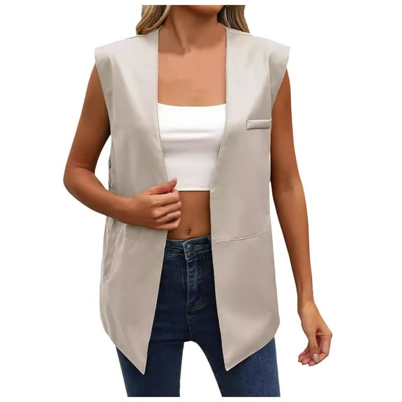 PMVFHDE Women's Fashion Solid Color Leather Vest Shoulder Cover Casual Sleeveless Cardigan Vest Top Beige,XL