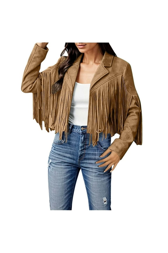 Women's Fashion Solid Color Long Sleeve Slim Fit Fringe Tassel Motorcycle Cropped Jacket Coats For Women Womens Coats Brown,S