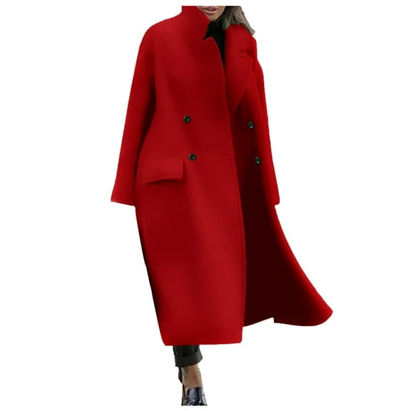 PMVFHDE Women's Fashion Solid Color Loose Wool Blend Coat Warm Commute Elegant Long Length Coat Coat Red,S