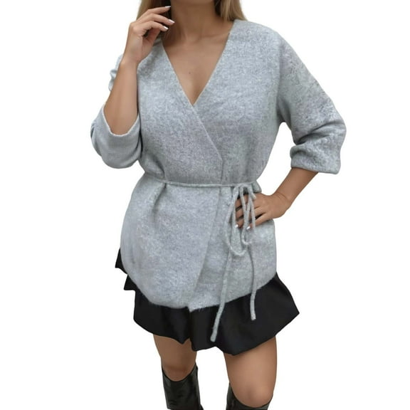 PMVFHDE Women's Fashion Solid Color Minimalist V-Neck Tie Waist Long Sleeve Knit Long Length Cardigan Sweater Coat Grey,S
