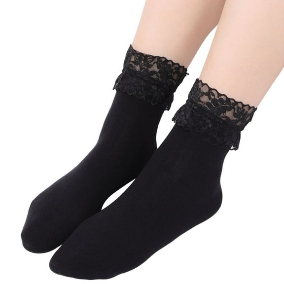 PMVFHDE Women's Fashion Solid Color Socks with Lace Trim, Mid-Calf Socks and Short Socks, Versatile Socks for a Feminine Detail Black,One Size