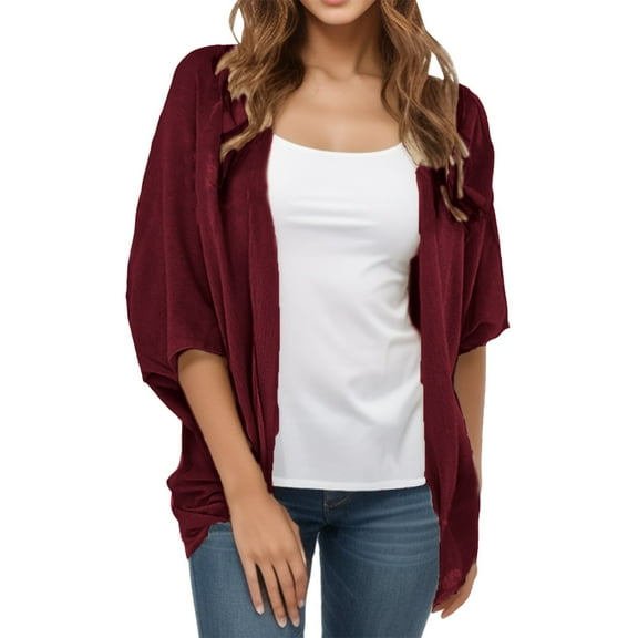 PMVFHDE Women's Fashion Spring Autumn Comfortable Soft Loose Batwing Sleeve Short Sleeve Solid Color Mid-Length Cardigan Top Red,XL