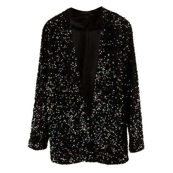 PMVFHDE Women's Fashion Stage Performance Outfit Party Solid Color Long Sleeve Sequin Cardigan Coat Black,L