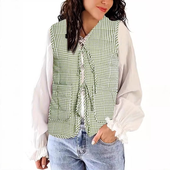 PMVFHDE Women's Fashion Street Style Tie Waist Heavy Weight Reversible Vest Top Cardigan Green,M