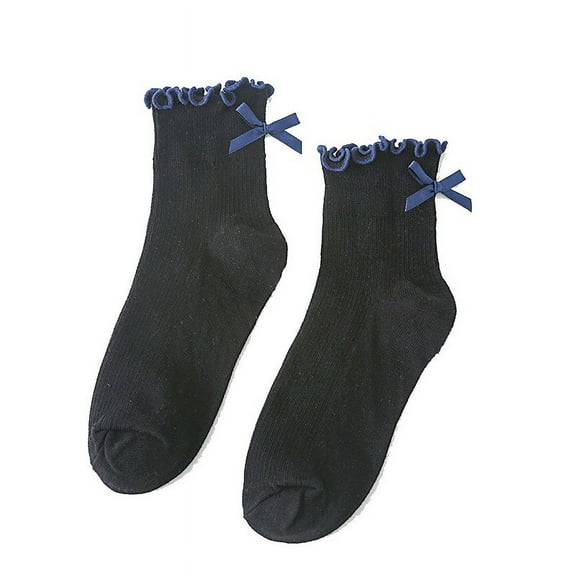 PMVFHDE Women's Fashion Student Style Socks, Cute Japanese Bow and Ruffle Edging Short Socks, Casual Socks for a Delicate Everyday Appearance Black,One Size