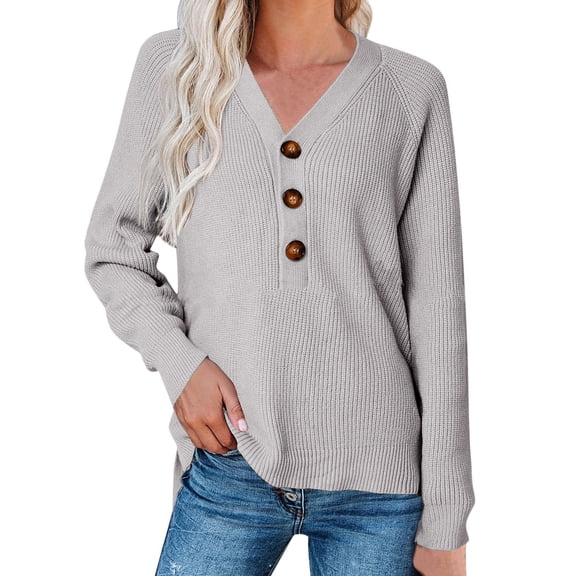 PMVFHDE Women's Fashion Sweater V-Neck Raglan Sleeve Button Detail Pullover Knitted Long Sleeve Top Grey,M