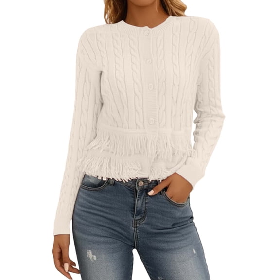 PMVFHDE Women's Fringe Fashion Versatile Knit Cardigan Coat Soft Round Neck Ribbed Solid Color Sweater Top White,One Size