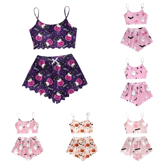 PMVFHDE Women’s Halloween Patterned Camisole Pajama Set for Sleepwear Comfort Dark Purple,L