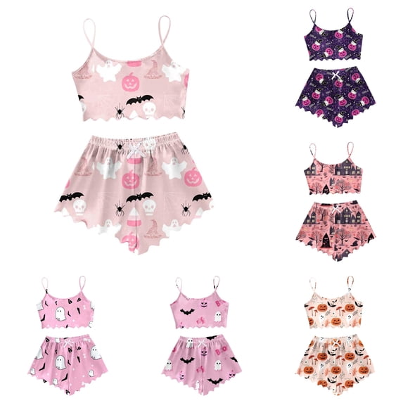 PMVFHDE Women’s Halloween Patterned Camisole Pajama Set for Sleepwear Comfort Light Pink,M