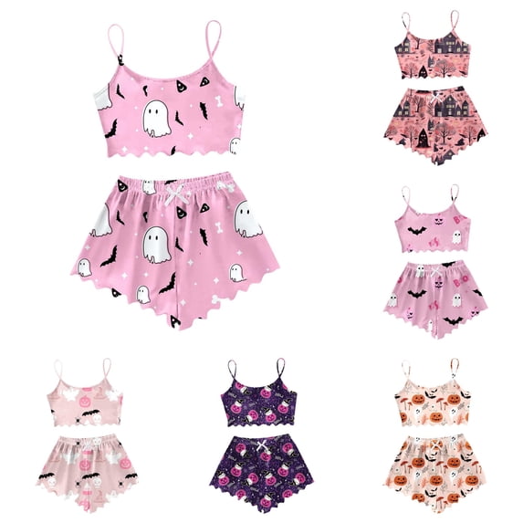 PMVFHDE Women’s Halloween Patterned Camisole Pajama Set for Sleepwear Comfort Pink,L