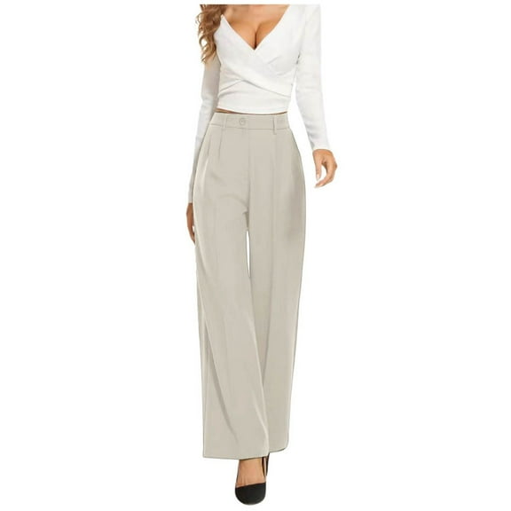PMVFHDE Women's High Waist Wide Leg Dress Pants Solid Color Versatile Trousers Flowy Drapery Comfortable Ankle Pants White，M
