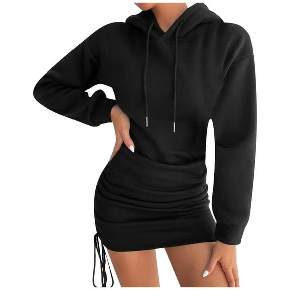 PMVFHDE Women's Hoodies & Sweatshirts Fall Winter Hooded Drawstring Bodycon Long Sleeve Sweatshirt Dress for Casual Style Black，M