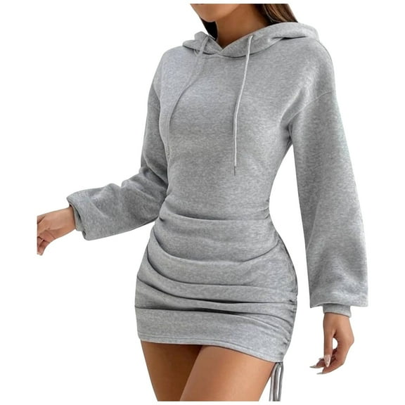 PMVFHDE Women's Hoodies & Sweatshirts Fall Winter Hooded Drawstring Bodycon Long Sleeve Sweatshirt Dress for Casual Style Grey，M
