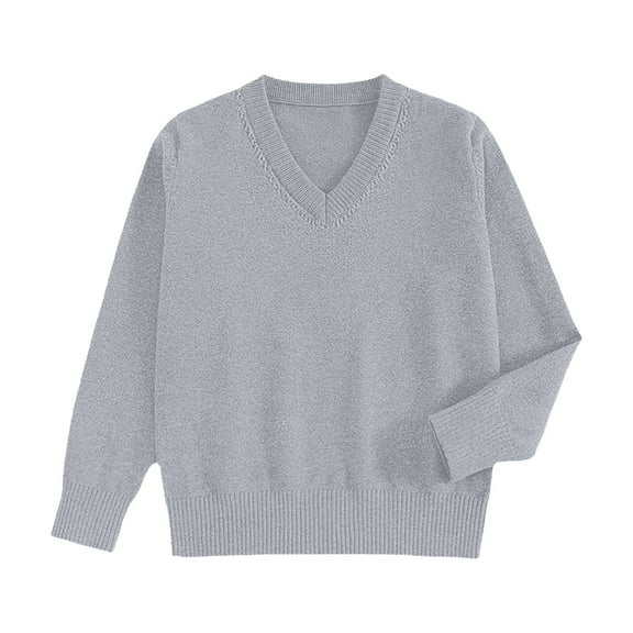 PMVFHDE Women's Knitted V-Neck Pullover Sweater Fall Winter Solid Color Daily Versatile Long Sleeve Tops Light Gray,S
