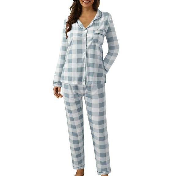 PMVFHDE Women's Lapel Button Down Plaid Print Pajama Set Long Sleeve Top And Pants Two Piece Sleepwear Womens Pajamas Casual Home Loungewear Suit Blue,M