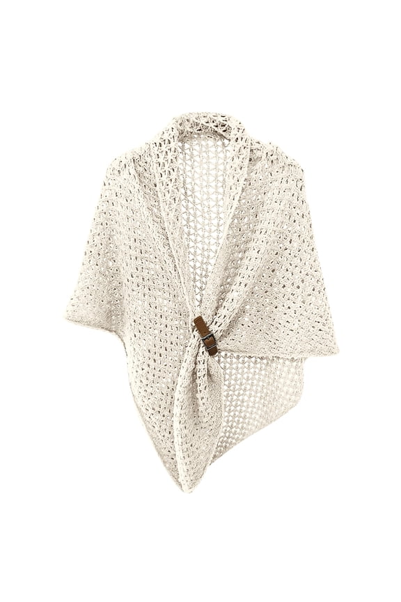 Women's Large Triangular Shawl with Leather Buckle Detail, Solid Color Openwork Cape for Women, Fashionable Fringe Wrap for Outerwear White