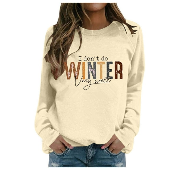 PMVFHDE Women's Letter Graphic Crewneck Sweatshirt, Trendy Long Sleeve Pullover Top for Fall Winter Season Beige,S