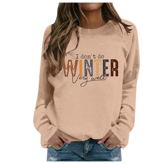 PMVFHDE Women's Letter Graphic Crewneck Sweatshirt, Trendy Long Sleeve Pullover Top for Fall Winter Season Khaki,M