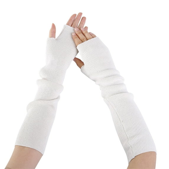 PMVFHDE Women's Long Fingerless Gloves Winter Warm Solid Color Gloves, Soft Knitted Arm Warmers Sleeves White，One Size