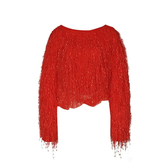 PMVFHDE Women's Long Sleeve Fashion Fringe Retro Round Neck Loose Casual Knitted Pullover Sweater Tops Red,S