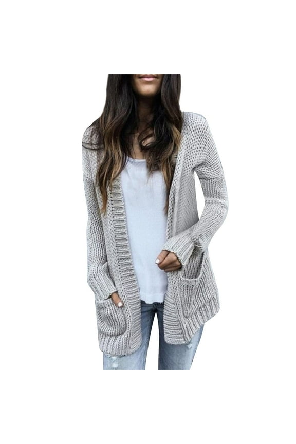 Women's Long Sleeve Open Front Knit Sweater Cardigan Loose Solid Color Long Length Cardigan with Pockets Grey,S