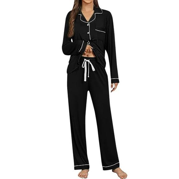 PMVFHDE Women's Long Sleeve Pajama Set Solid Color Top & Pants, Fall Comfortable Sleepwear, Casual Two Piece Loungewear, Outdoor Ready Home Outfit Black,S