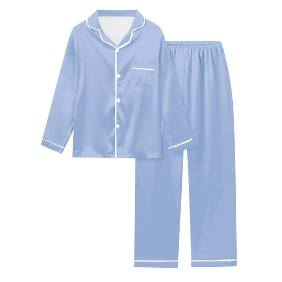 PMVFHDE Women's Long Sleeve Pajama Set Solid Color Top & Pants, Fall Winter Satin Feel Sleepwear, Comfortable Two Piece Loungewear, Home Outfit Dark Blue,L