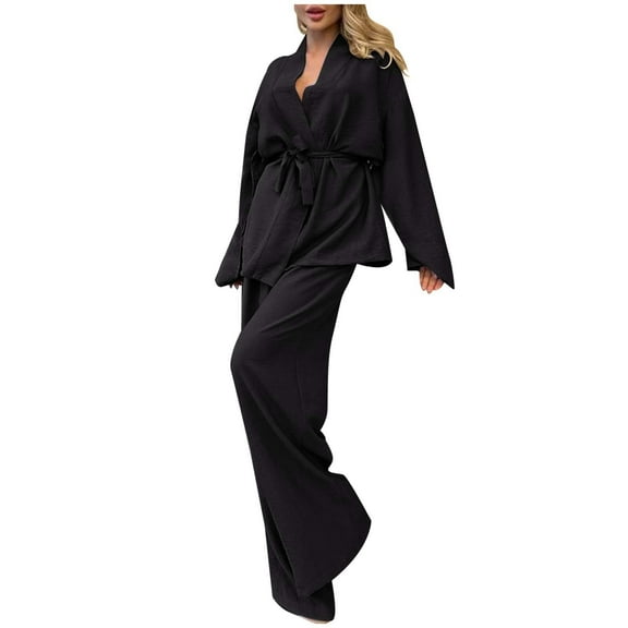 PMVFHDE Women's Long Sleeve Pajama Set Solid Color Top & Pants, Fall Winter Sleepwear, Relaxed Fit Loungewear, Elegant Home Outfit Black,M