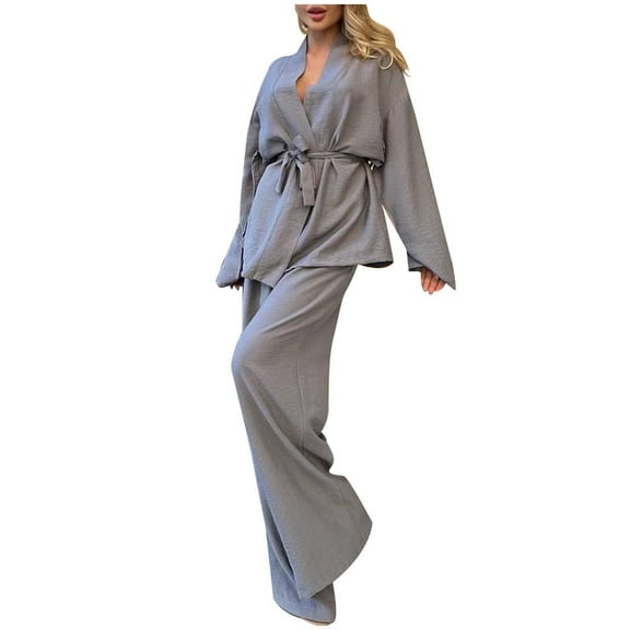 PMVFHDE Women's Long Sleeve Pajama Set Solid Color Top & Pants, Fall Winter Sleepwear, Relaxed Fit Loungewear, Elegant Home Outfit Grey,XL