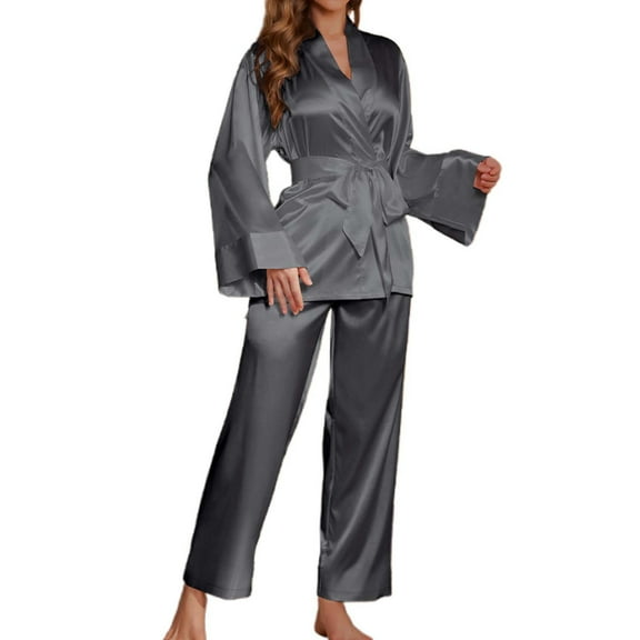 PMVFHDE Women's Long Sleeve Pajama Set Solid Color Top & Pants, Smooth Sleepwear, Elegant Two Piece Loungewear, Home Outfit Grey,L