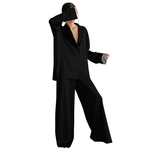 PMVFHDE Women's Long Sleeve Pajama Set V-Neck Top & Pants, Fall Lightweight Sleepwear, Comfortable Two Piece Loungewear, Home Outfit Black,S