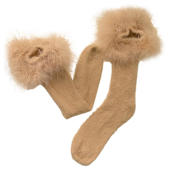 PMVFHDE Women's Long Socks Fashion Feather Lace Trim Mid Calf Warm Socks Soft Feather Detail Indoor Floor Socks Khaki