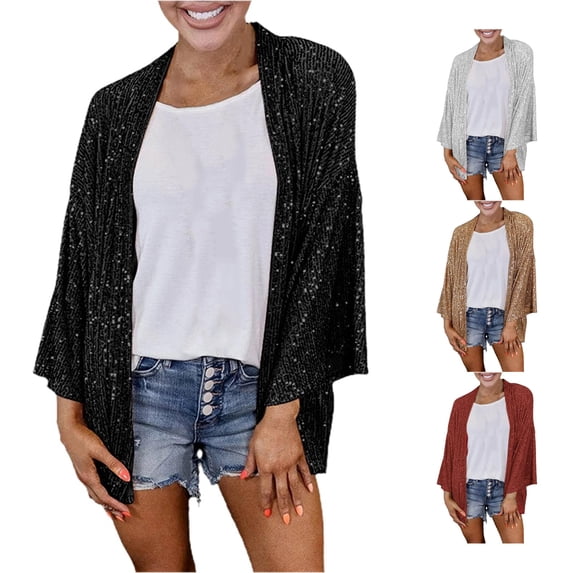 PMVFHDE Women's Loose Sequin Wide Legged Top Solid Color Open Front Cardigan Black - L