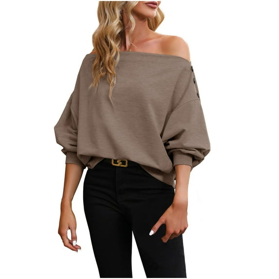 PMVFHDE Women's Off Shoulder Pullover Sweatshirt, Casual Stylish Long Sleeve Crewneck Fall Top Brown,S