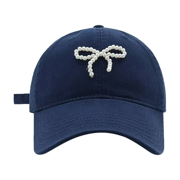 PMVFHDE Women's Pearl & Bow Detail Baseball Cap Pretty Korean Style Soft Top Adjustable Dad Hat Navy