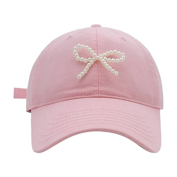 PMVFHDE Women's Pearl & Bow Detail Baseball Cap Pretty Korean Style Soft Top Adjustable Dad Hat Pink