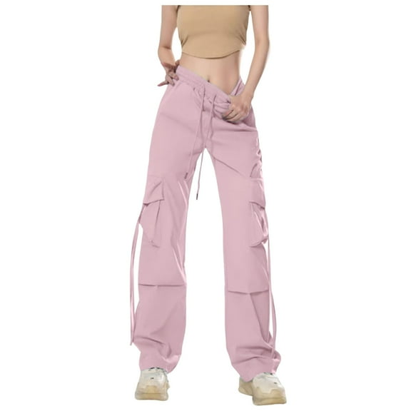 PMVFHDE Women's Retro Cargo Pants High Waist Straight Leg Wide Leg Relaxed Fit Casual Streetwear Drop Crotch Trousers Red，M