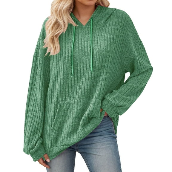 PMVFHDE Women's Ribbed Brushed Brushed Pullover Hoodie, Basic Slim Fit Long Sleeve Casual Sweatshirt for Spring Fall Green,M
