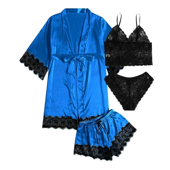 PMVFHDE Women's Satin & Lace 4 Piece Sleepwear Set Camisole Shorts Robe, Elegant Nightwear Set, Summer Lightweight Pajama Set, Elegant Bedtime Ensemble Blue,XS