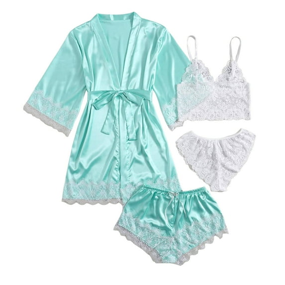 PMVFHDE Women's Satin & Lace 4 Piece Sleepwear Set Camisole Shorts Robe, Elegant Nightwear Set, Summer Lightweight Pajama Set, Elegant Bedtime Ensemble Mint Green,S
