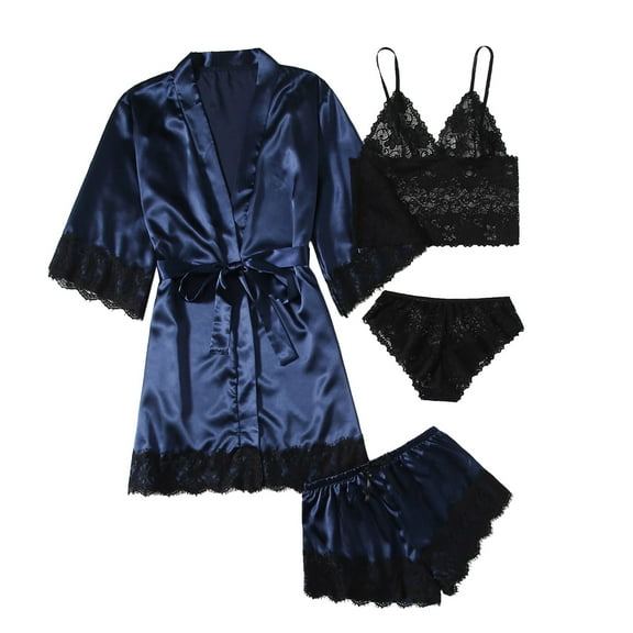 PMVFHDE Women's Satin & Lace 4 Piece Sleepwear Set Camisole Shorts Robe, Elegant Nightwear Set, Summer Lightweight Pajama Set, Elegant Bedtime Ensemble Navy,S