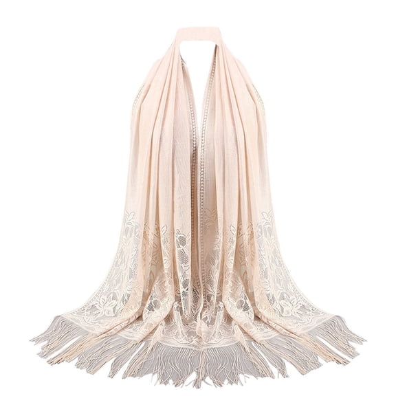 PMVFHDE Women's Sheer Lace Fringe Scarf Lightweight Spring Summer Shawl, Floral Embroidery Openwork Wrap for Women, Long Breathable Scarf for Outdoor Beige