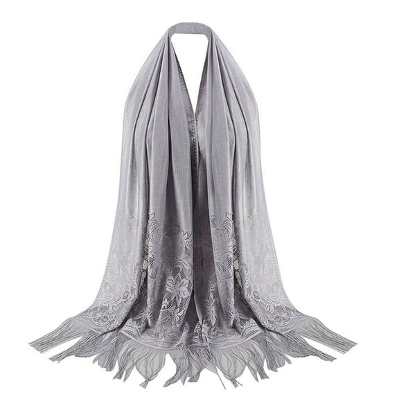 PMVFHDE Women's Sheer Lace Fringe Scarf Lightweight Spring Summer Shawl, Floral Embroidery Openwork Wrap for Women, Long Breathable Scarf for Outdoor Grey