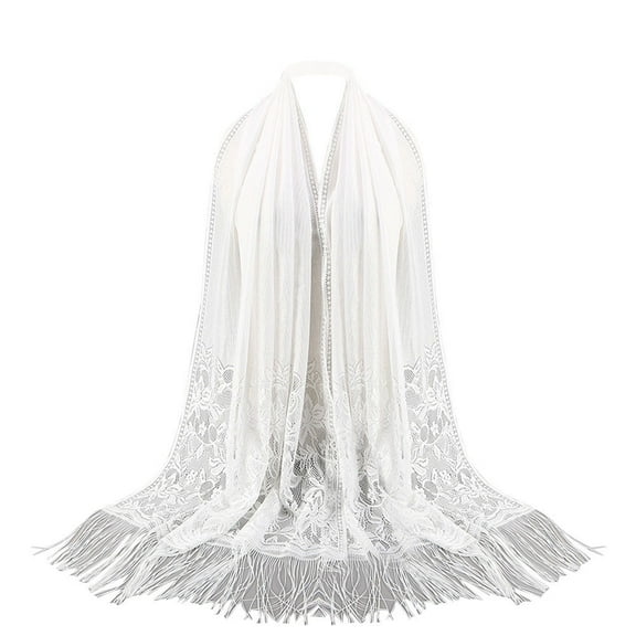 PMVFHDE Women's Sheer Lace Fringe Scarf Lightweight Spring Summer Shawl, Floral Embroidery Openwork Wrap for Women, Long Breathable Scarf for Outdoor White